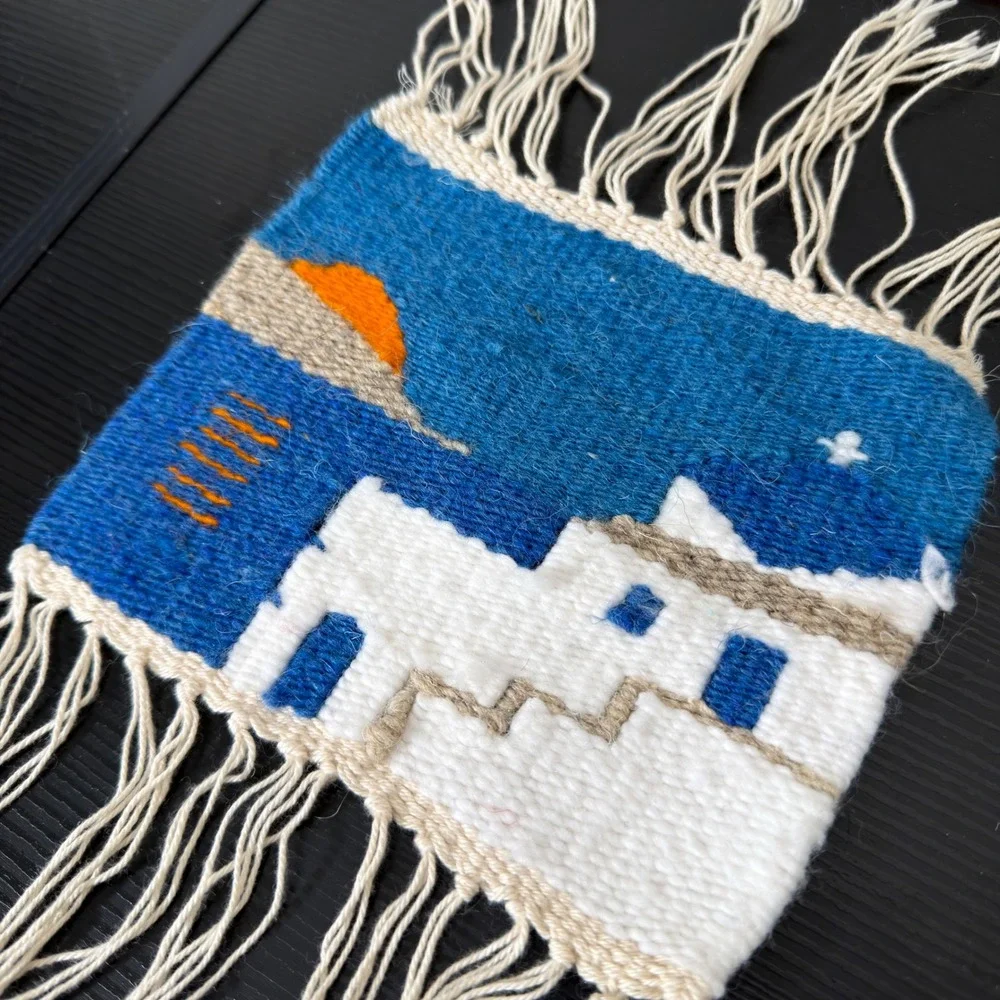 Santorini‎ mini Tapestry 6.5x5.5 Blue Mediterranean folk art Handwoven Wool Art